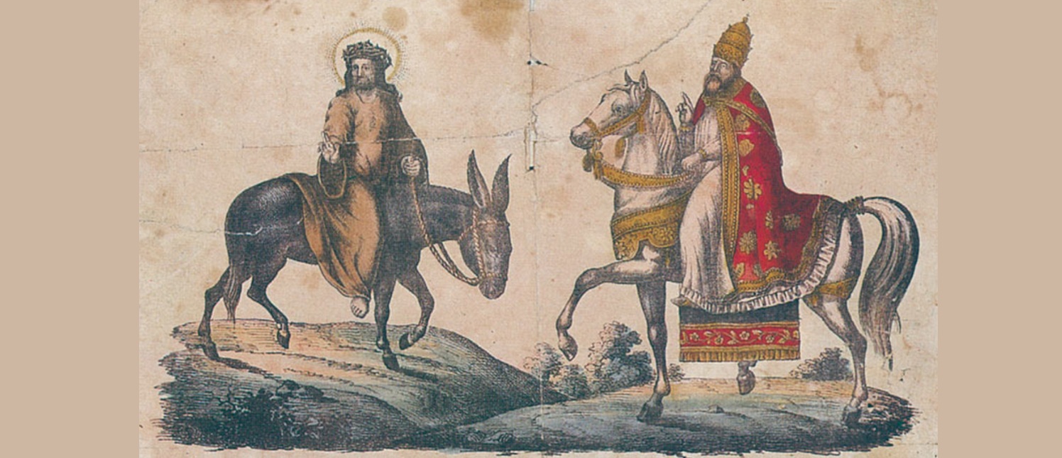 Ein protestantischer satirischer Stich aus der Zeit um 1540, der Christus demütig auf einem Esel und den Papst in Prunkgewändern auf einem prächtigen Pferd zeigt, dennoch gaben die Protestanten richtig wieder, daß Christus die Schlüsselgewalt dem Petrus übertragen hatte