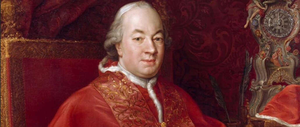 Papst Pius VI. regierte von 1773 bis 1799. Er wurde durch Frankreich für abgesetzt erklärt, aus Rom verbannt und schließlich nach Frankreich verschleppt, wo er verstarb.