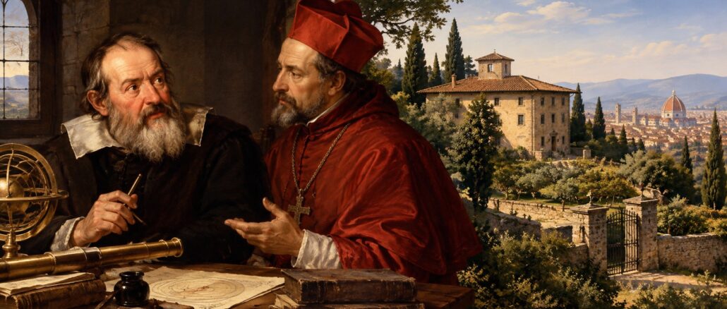 Galileo Galilei mit Kardinal Belarmin. Seine Strafe verbrachte Galileo im Hausarrest in einer Villa bei Florenz
