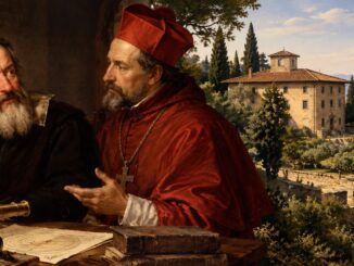 Galileo Galilei mit Kardinal Belarmin. Seine Strafe verbrachte Galileo im Hausarrest in einer Villa bei Florenz