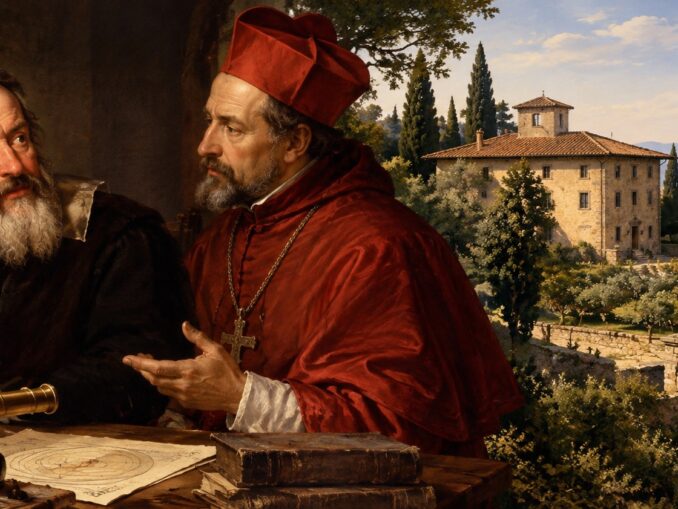 Galileo Galilei mit Kardinal Belarmin. Seine Strafe verbrachte Galileo im Hausarrest in einer Villa bei Florenz