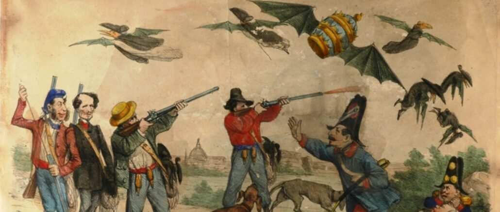 "Die Jagd ist eröffnet." Kirchenfeindliche Karikatur aus der Zeit zwischen 1861 und 1870 - mit geopolitischem Kontext. Die Garibaldiner schießen auf Kleriker. Der neue italienische König will den Papst abschießen. Der Franzose ruft: "Im Kirchenstaat wird nicht gejagt". Der Brite antwortet, während er sein Gewehr lädt: "Laß ihn (den italienischen König) einen guten Schuß machen, dann sind wir alle zufrieden."