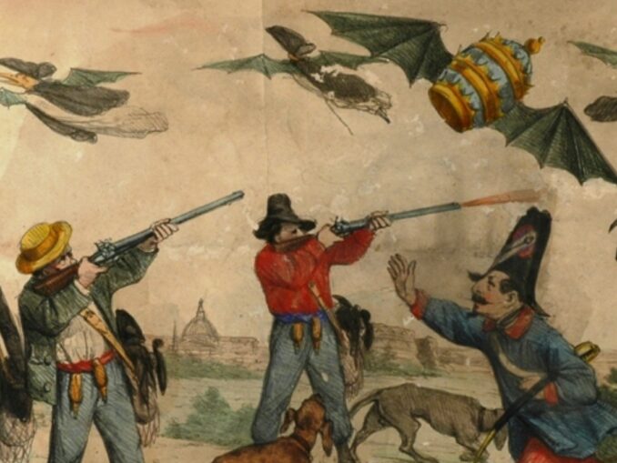 "Die Jagd ist eröffnet." Kirchenfeindliche Karikatur aus der Zeit zwischen 1861 und 1870 - mit geopolitischem Kontext. Die Garibaldiner schießen auf Kleriker. Der neue italienische König will den Papst abschießen. Der Franzose ruft: "Im Kirchenstaat wird nicht gejagt". Der Brite antwortet, während er sein Gewehr lädt: "Laß ihn (den italienischen König) einen guten Schuß machen, dann sind wir alle zufrieden."