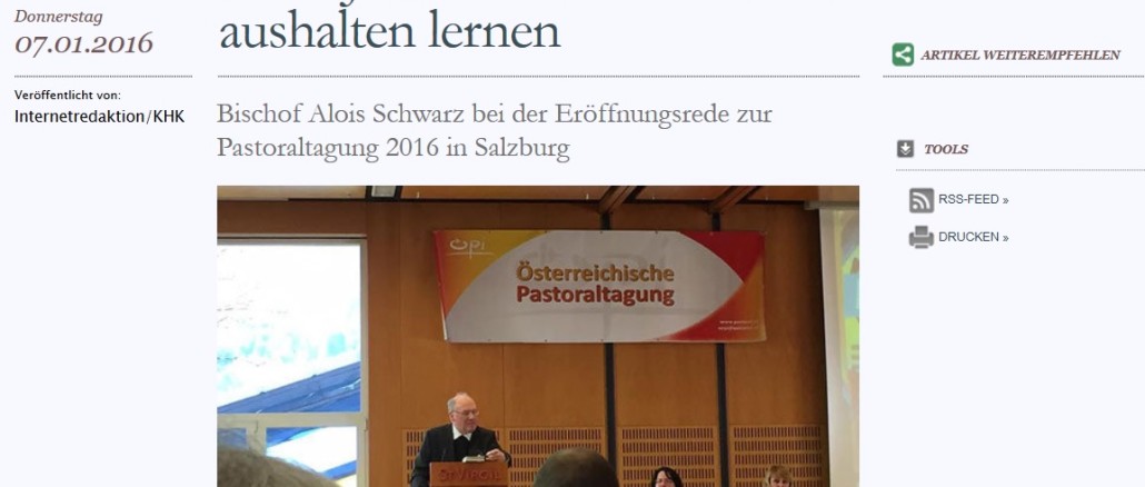 Bischof Alois Schwarz bei der Pastoraltagung 2016: "Jesus mußte erst lernen"