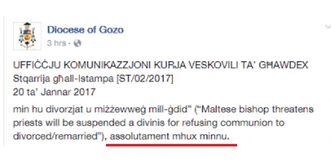 Presseamt des Bistums Gozo (Malta) demnetiert: Meldung "absolut falsch", daß Bischof Grech den Priestern mit Suspendierung a divinia drohte, wenn sie wiederverheirateten Geschiedenen die Kommunion verweigern.
