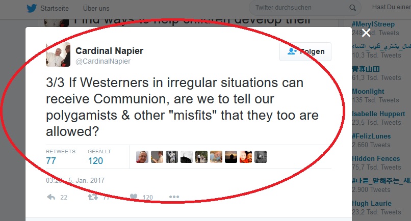 Twitter-Eintrag von Kardinal Napier zu Amoris laetitia und der umstrittenen Zulassung wiederverheiratet Geschiedener zur Kommunion