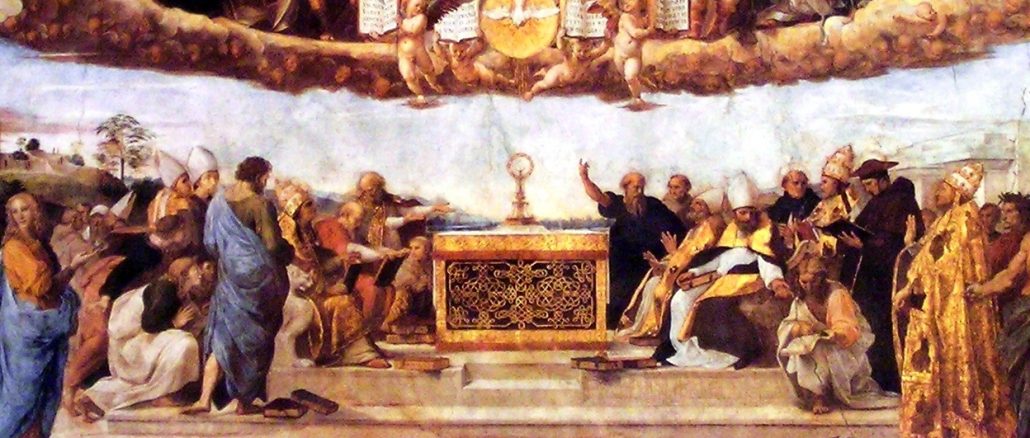 Eine Gegenüberstellung des Malers Raffael und des Reformator Luther. Raffaels "Der Disput über das Sakrament" (Stanza della Segnatura, Vatikan).