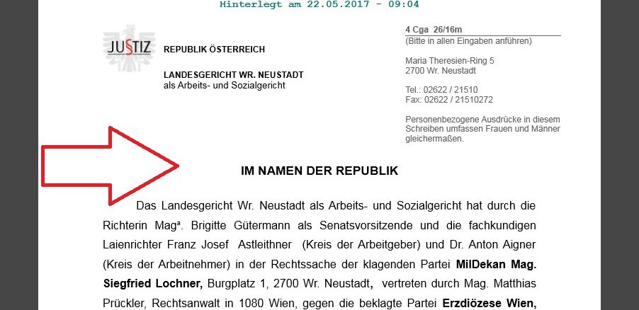 Militärdekan Siegfried Lochner: Dienstverhältnis als Religionslehrer besteht fort - Erzbistum Wien vom Arbeitsgericht verurteilt.