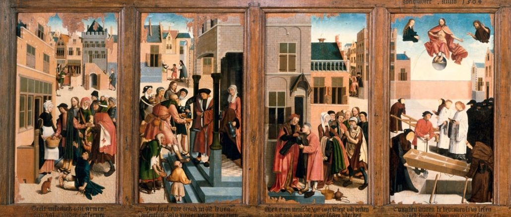 Die Werke der Barmherzigkeit (vier der sieben Tafeln des Meisters von Alkmaar, 1504).
