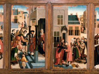 Die Werke der Barmherzigkeit (vier der sieben Tafeln des Meisters von Alkmaar, 1504).